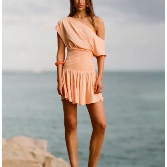 Free People Mini Dress M Apricot Orange Pastel Off Shoulder Smocked Beach Boho - Picture 1 of 10